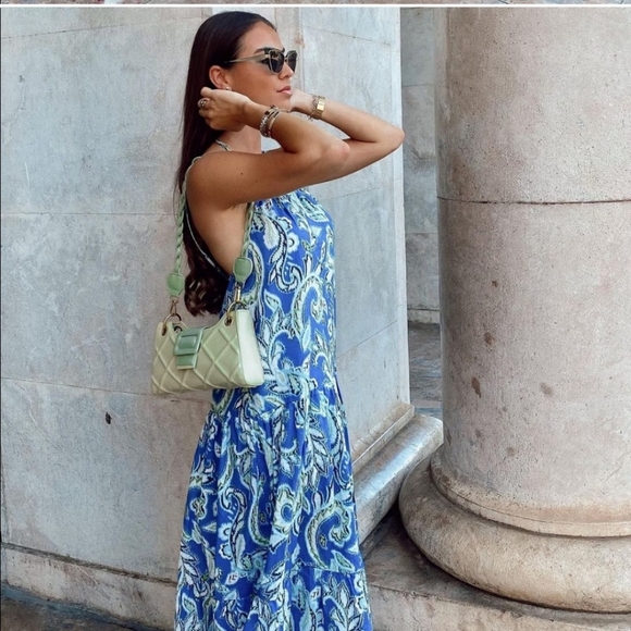 Zara Tiered Floral Print Blue White Cotton Dress Bloggers Favorite - Picture 13 of 16